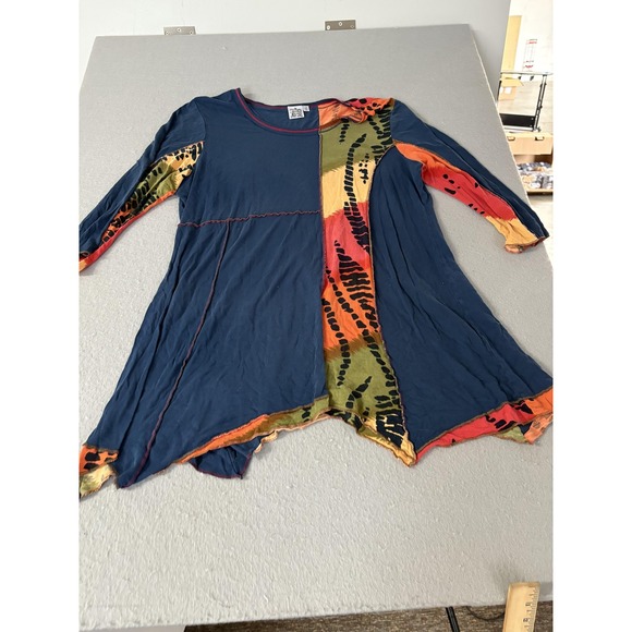 Parsley & Sage Shirt Womens 1X Navy Boho Patchwork Asymmetrical Tunic 3/4 Sleeve - Picture 1 of 5